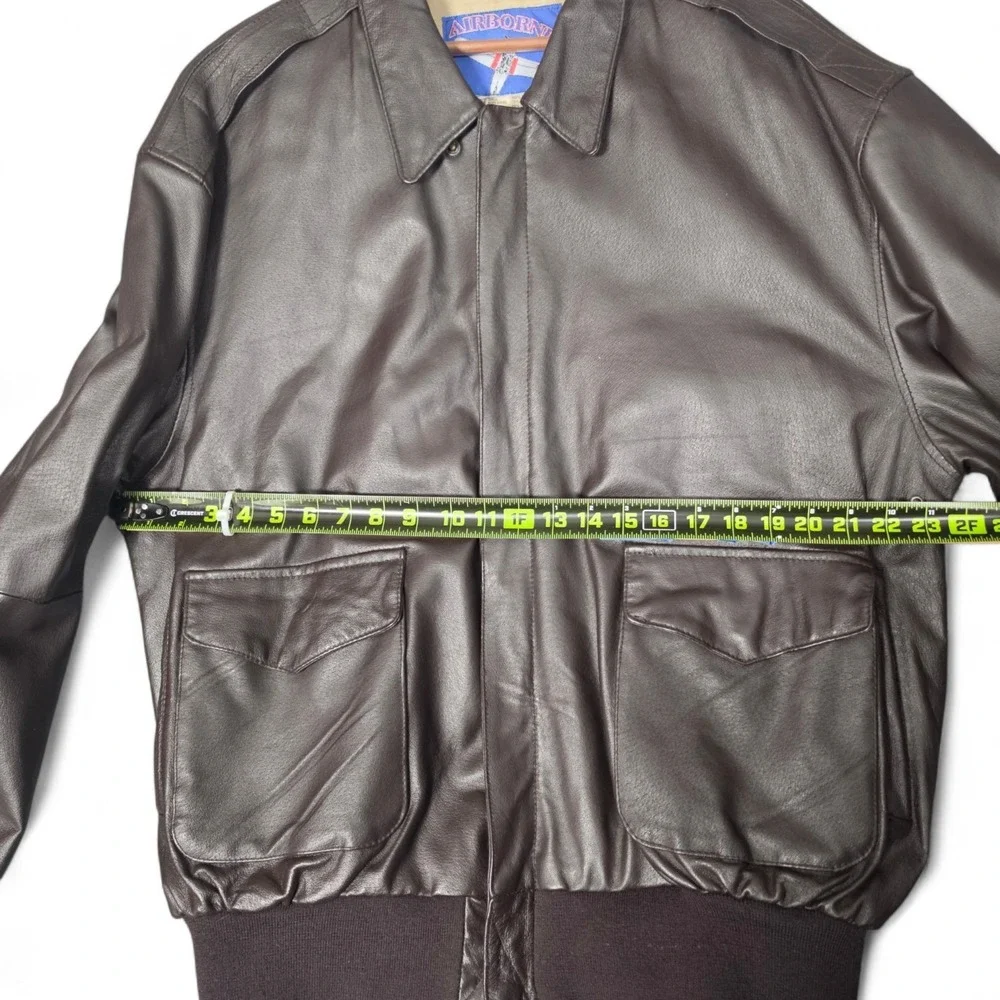 Vintage Airborne Brown Leather Bomber Flight Jacket Mens XLT American Flag Lined